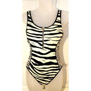 Michael Kors Beige Black Zebra animal print one piece swim suit zip top size 8